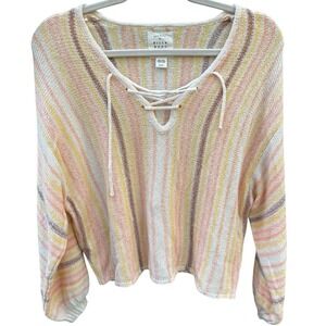 Billabong Knit Pullover M Striped Lace Up‎ Beach Sweater Boho Coastal Surf Chic